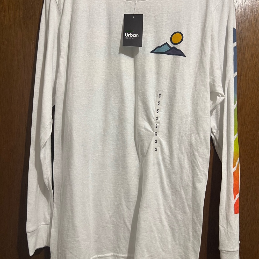 Urban Pipeline White Long Sleeve Shirt with Mountain Scene Design-Men Small